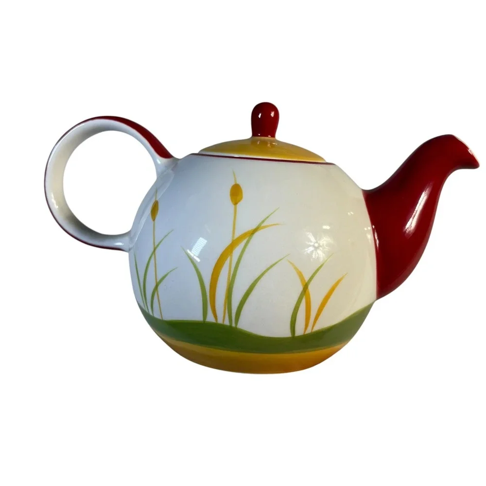 Hues N Brews Dragonfly Tea Set Teapot 2 Cups and Tray Red Yellow White Ceramic
